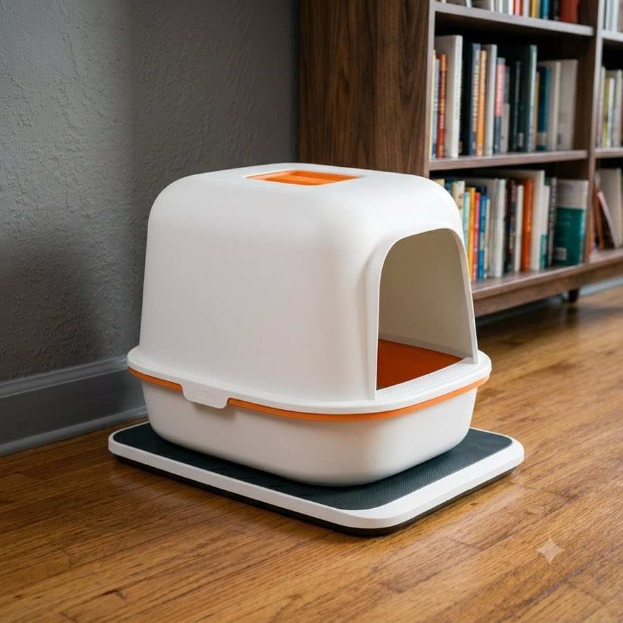 A covered cat litter box on a mat in a living room next to a bookshelf — an illustration of where the KittyGram device sits underneath
